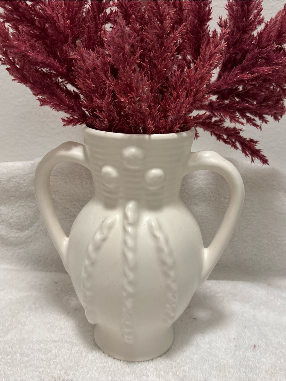 Vintage Matte White Double-Handled Ceramic Vase with Decorative Texture